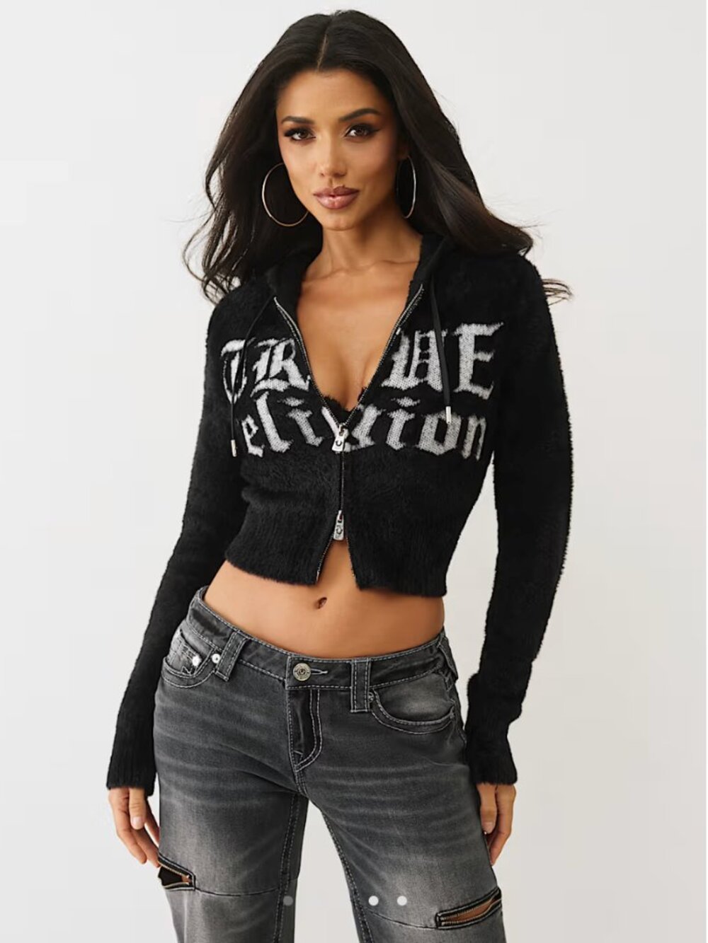 NWT True Religion Black Jacquard Logo Fuzzy Zip Hoodie